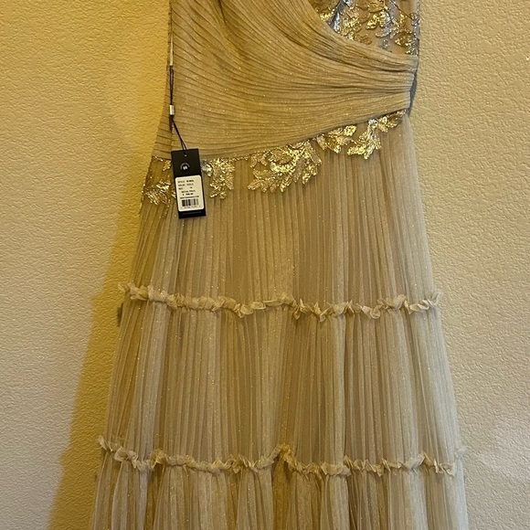 Tadashi Shoji Gold One Shoulder Pleated Gown - Picture 1 of 8